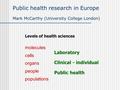 Public health research in Europe Mark McCarthy (University College London) Levels of health sciences molecules cells organs people populations Laboratory.