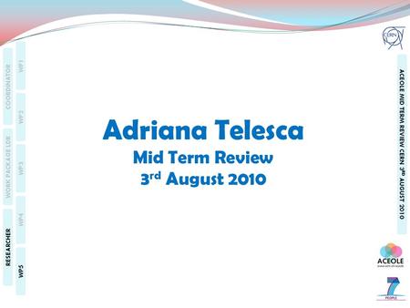 WP1 WP2 WP3 WP4 WP5 COORDINATOR WORK PACKAGE LDR RESEARCHER ACEOLE MID TERM REVIEW CERN 3 RD AUGUST 2010 Adriana Telesca Mid Term Review 3 rd August 2010.