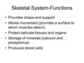 Skeletal System-Functions Provides shape and support Allows movement (provides a surface to which muscles attach) Protect delicate tissues and organs Storage.