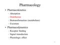 1 Pharmacology Pharmacokinetics –Absorption –Distribution –Biotransformation (metabolism) –Excretion Pharmacodynamics –Receptor binding –Signal transduction.
