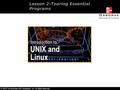 Lesson 2-Touring Essential Programs. Overview Development of UNIX and Linux. Commands to execute utilities. Communicating instructions to the shell. Navigating.