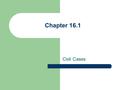 Chapter 16.1 Civil Cases. Types of Civil Lawsuits In civil cases the plaintiff – the party bringing the lawsuit – claims to have suffered a loss and usually.