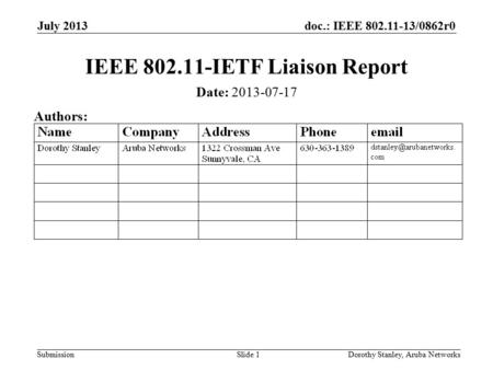 Doc.: IEEE 802.11-13/0862r0 Submission July 2013 Dorothy Stanley, Aruba NetworksSlide 1 IEEE 802.11-IETF Liaison Report Date: 2013-07-17 Authors: