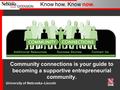 University of Nebraska–Lincoln Know how. Know now. Community connections is your guide to becoming a supportive entrepreneurial community.