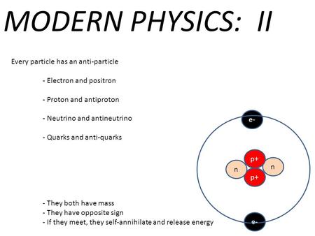 Every particle has an anti-particle - Electron and positron - Proton and antiproton - Neutrino and antineutrino - Quarks and anti-quarks - They both have.