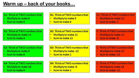 Warm up – back of your books… A1: Think of TWO numbers that Multiply to make 6 Sum to make 5 B1: Think of TWO numbers that Multiply to make 5 Sum to make.