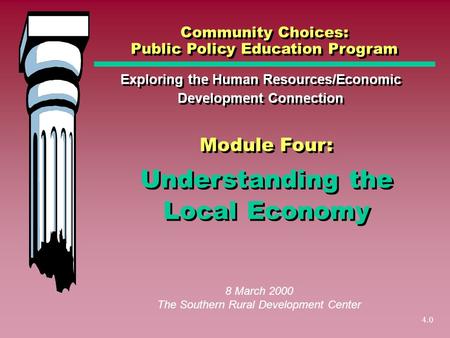 4.0 Understanding the Local Economy Exploring the Human Resources/Economic Development Connection Community Choices: Public Policy Education Program 8.