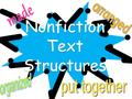 Text Structure Realizing the text structure an author has used to organize information helps readers: comprehend information more easily organize the.