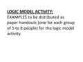LOGIC MODEL ACTIVITY: EXAMPLES to be distributed as paper handouts (one for each group of 5 to 8 people) for the logic model activity.