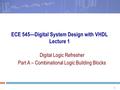 1 ECE 545—Digital System Design with VHDL Lecture 1 Digital Logic Refresher Part A – Combinational Logic Building Blocks.