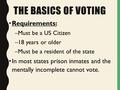 THE BASICS OF VOTING Requirements: –Must be a US Citizen –18 years or older –Must be a resident of the state In most states prison inmates and the mentally.