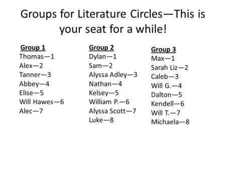 Groups for Literature Circles—This is your seat for a while! Group 1 Thomas—1 Alex—2 Tanner—3 Abbey—4 Elise—5 Will Hawes—6 Alec—7 Group 2 Dylan—1 Sam—2.