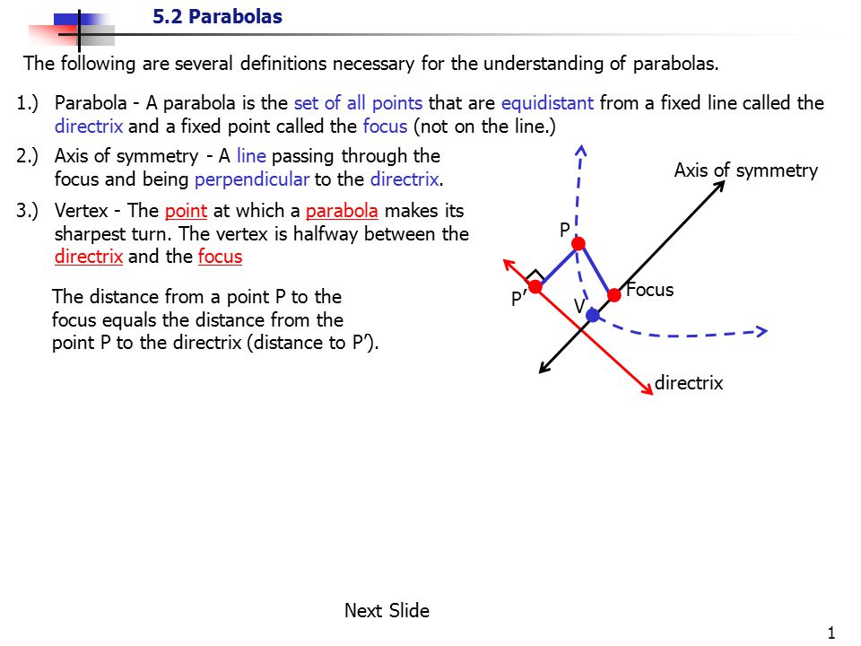 The Following Are Several Definitions Necessary For The Understanding Of Parabolas 1 Parabola A Parabola Is The Set Of All Points That Are Equidistant Ppt Video Online Download