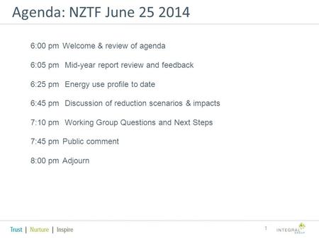 Agenda: NZTF June 25 2014 1 6:00 pm Welcome & review of agenda 6:05 pm Mid-year report review and feedback 6:25 pm Energy use profile to date 6:45 pm Discussion.