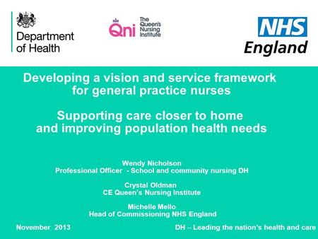 Developing a vision and service framework for general practice nurses Supporting care closer to home and improving population health needs Wendy Nicholson.