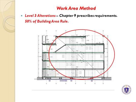 Work Area Method Level 3 Alterations – Chapter 9 prescribes requirements. 50% of Building Area Rule.