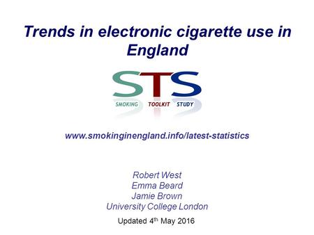 Trends in electronic cigarette use in England Robert West Emma Beard Jamie Brown University College London www.smokinginengland.info/latest-statistics.