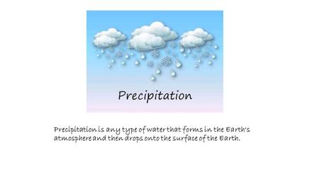 Precipitation is any type of water that forms in the Earth's atmosphere and then drops onto the surface of the Earth.