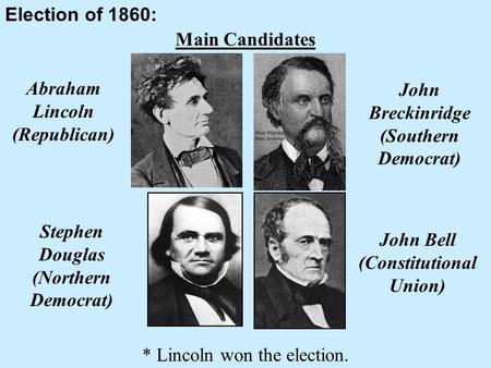 Election of 1860: Main Candidates Abraham Lincoln (Republican) Stephen Douglas (Northern Democrat) John Breckinridge (Southern Democrat) John Bell (Constitutional.