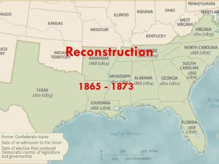 Reconstruction 1865 - 1873. Reconstruction Most of the former Confederacy is in ruins. Texas had very little damage in comparison to the rest of the.
