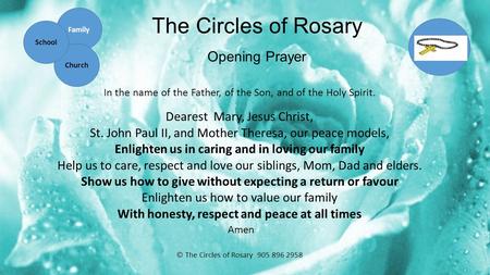 The Circles of Rosary Opening Prayer In the name of the Father, of the Son, and of the Holy Spirit. Dearest Mary, Jesus Christ, St. John Paul II, and Mother.