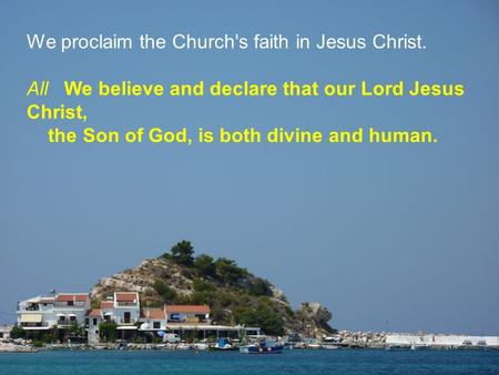 We proclaim the Church's faith in Jesus Christ. All We believe and declare that our Lord Jesus Christ, the Son of God, is both divine and human.