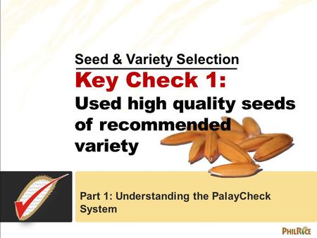 Seed & Variety Selection Key Check 1: Used high quality seeds of recommended variety Part 1: Understanding the PalayCheck System.