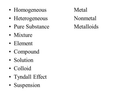HomogeneousMetal HeterogeneousNonmetal Pure SubstanceMetalloids Mixture Element Compound Solution Colloid Tyndall Effect Suspension.