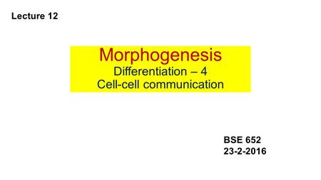 Morphogenesis Differentiation – 4 Cell-cell communication Lecture 12 BSE 652 23-2-2016.