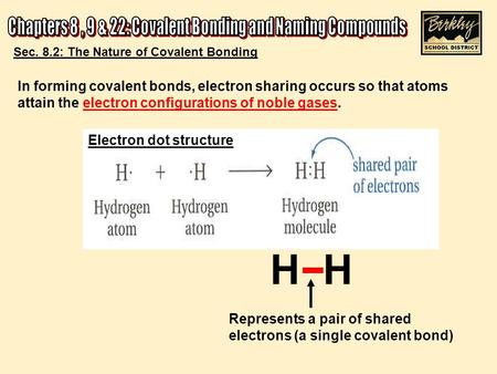 H Represents a pair of shared electrons (a single covalent bond) Sec. 8.2: The Nature of Covalent Bonding In forming covalent bonds, electron sharing occurs.