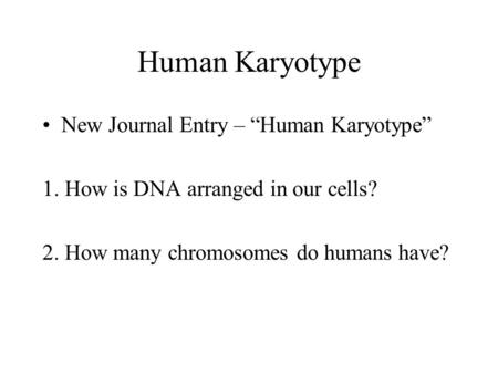 Human Karyotype New Journal Entry – “Human Karyotype” 1. How is DNA arranged in our cells? 2. How many chromosomes do humans have?