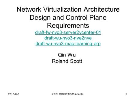 2016-6-6XRBLOCK IETF 85 Atlanta Network Virtualization Architecture Design and Control Plane Requirements draft-fw-nvo3-server2vcenter-01 draft-wu-nvo3-nve2nve.