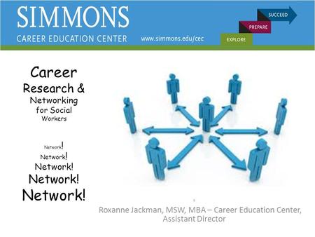 Career Research & Networking for Social Workers Network ! Network ! Network! Network! Network! R Roxanne Jackman, MSW, MBA – Career Education Center, Assistant.