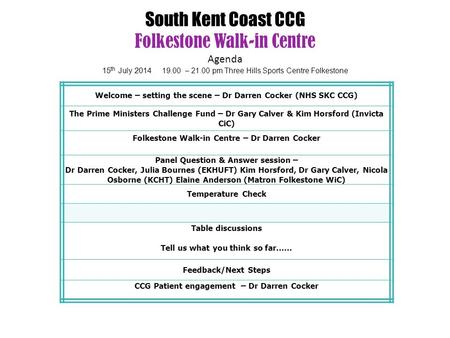 South Kent Coast CCG Folkestone Walk-in Centre Agenda 15 th July 2014 19.00 – 21.00 pm Three Hills Sports Centre Folkestone Welcome – setting the scene.