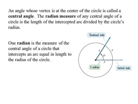 An angle whose vertex is at the center of the circle is called a central angle. The radian measure of any central angle of a circle is the length of the.