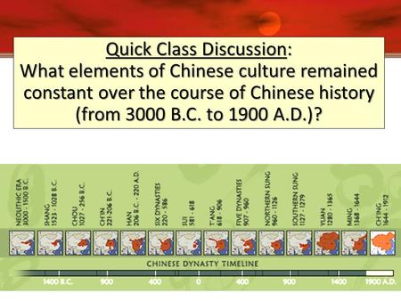 Quick Class Discussion: What elements of Chinese culture remained constant over the course of Chinese history (from 3000 B.C. to 1900 A.D.)?