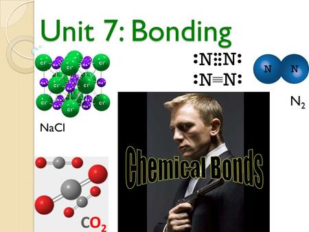 Unit 7: Bonding NaCl N2N2 Overview Chemical bonds provide the glue that hold compounds together… In this unit you will learn:  The different types of.
