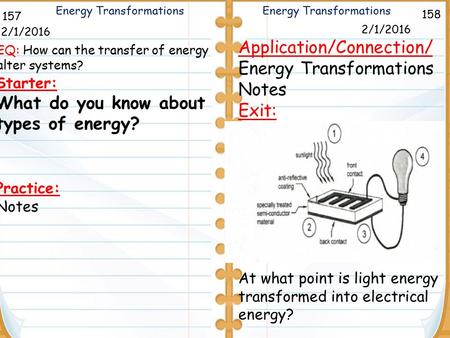 Department of Mathematics and Science Energy Transformations 2/1/2016 Starter: What do you know about types of energy? Practice: Notes Application/Connection/