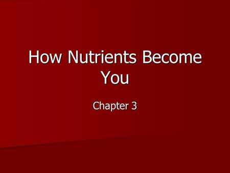 How Nutrients Become You Chapter 3. 1. What is your body’s source of fuel and nutrients? Nutrients from food Nutrients from food.