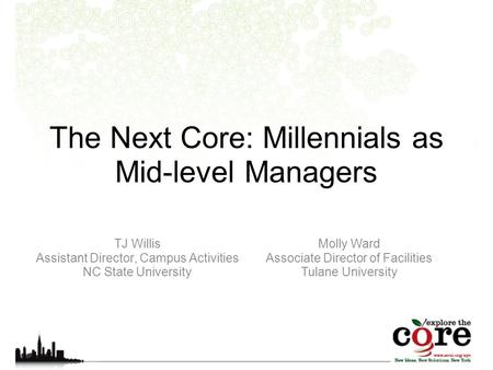 The Next Core: Millennials as Mid-level Managers TJ Willis Assistant Director, Campus Activities NC State University Molly Ward Associate Director of Facilities.