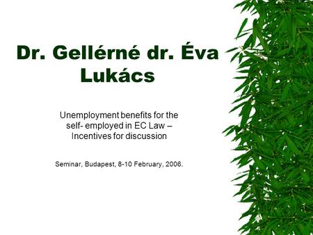 Dr. Gellérné dr. Éva Lukács Unemployment benefits for the self- employed in EC Law – Incentives for discussion Seminar, Budapest, 8-10 February, 2006.