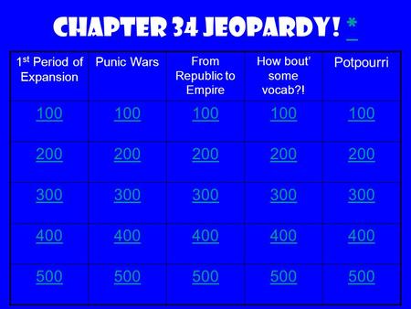 Chapter 34 Jeopardy! * 1 st Period of Expansion Punic Wars From Republic to Empire How bout’ some vocab?! Potpourri 100 200 300 400 500.