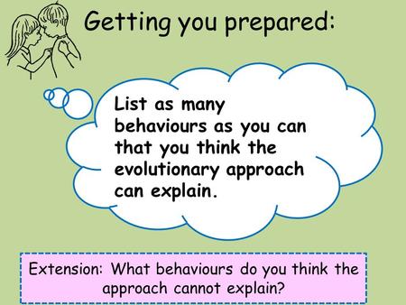 Getting you prepared: List as many behaviours as you can that you think the evolutionary approach can explain. Extension: What behaviours do you think.