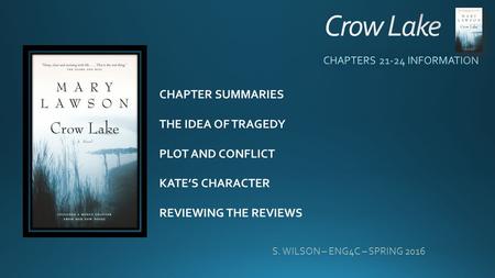 CHAPTER SUMMARIES THE IDEA OF TRAGEDY PLOT AND CONFLICT KATE’S CHARACTER REVIEWING THE REVIEWS S. WILSON – ENG4C – SPRING 2016.