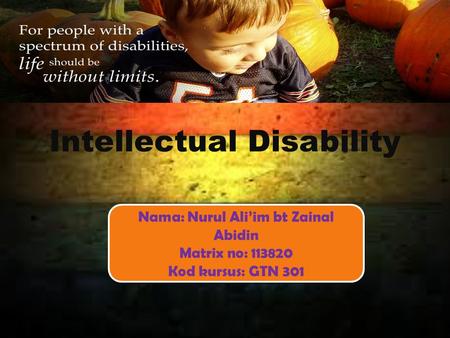 Intellectual Disability Nama: Nurul Ali’im bt Zainal Abidin Matrix no: 113820 Kod kursus: GTN 301 Nama: Nurul Ali’im bt Zainal Abidin Matrix no: 113820.