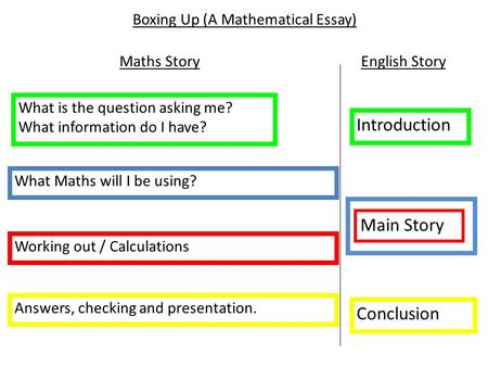 Boxing Up (A Mathematical Essay) What is the question asking me? What information do I have? What Maths will I be using? Working out / Calculations Answers,