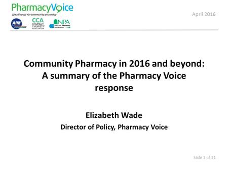Community Pharmacy in 2016 and beyond: A summary of the Pharmacy Voice response Elizabeth Wade Director of Policy, Pharmacy Voice April 2016 Slide 1 of.
