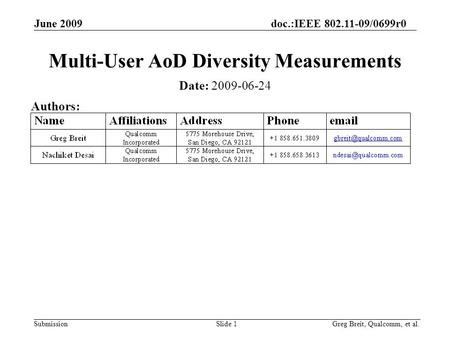 Submission Greg Breit, Qualcomm, et al. June 2009 doc.:IEEE 802.11-09/0699r0 Slide 1 Multi-User AoD Diversity Measurements Date: 2009-06-24 Authors: