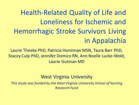 Health-Related Quality of Life and Loneliness for Ischemic and Hemorrhagic Stroke Survivors Living in Appalachia Laurie Theeke PhD, Patricia Horstman MSN,