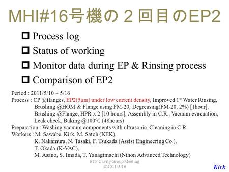 MHI#16 号機の２回目の EP2  Process log  Status of working  Monitor data during EP & Rinsing process  Comparison of EP2 Period : 2011/5/10 ~ 5/16 Process :